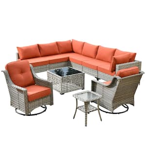 Holston 10-Piece Wicker Modern Outdoor Patio Conversation Sofa Sectional Set with Swivel Rocking Chairs and Red Cushions