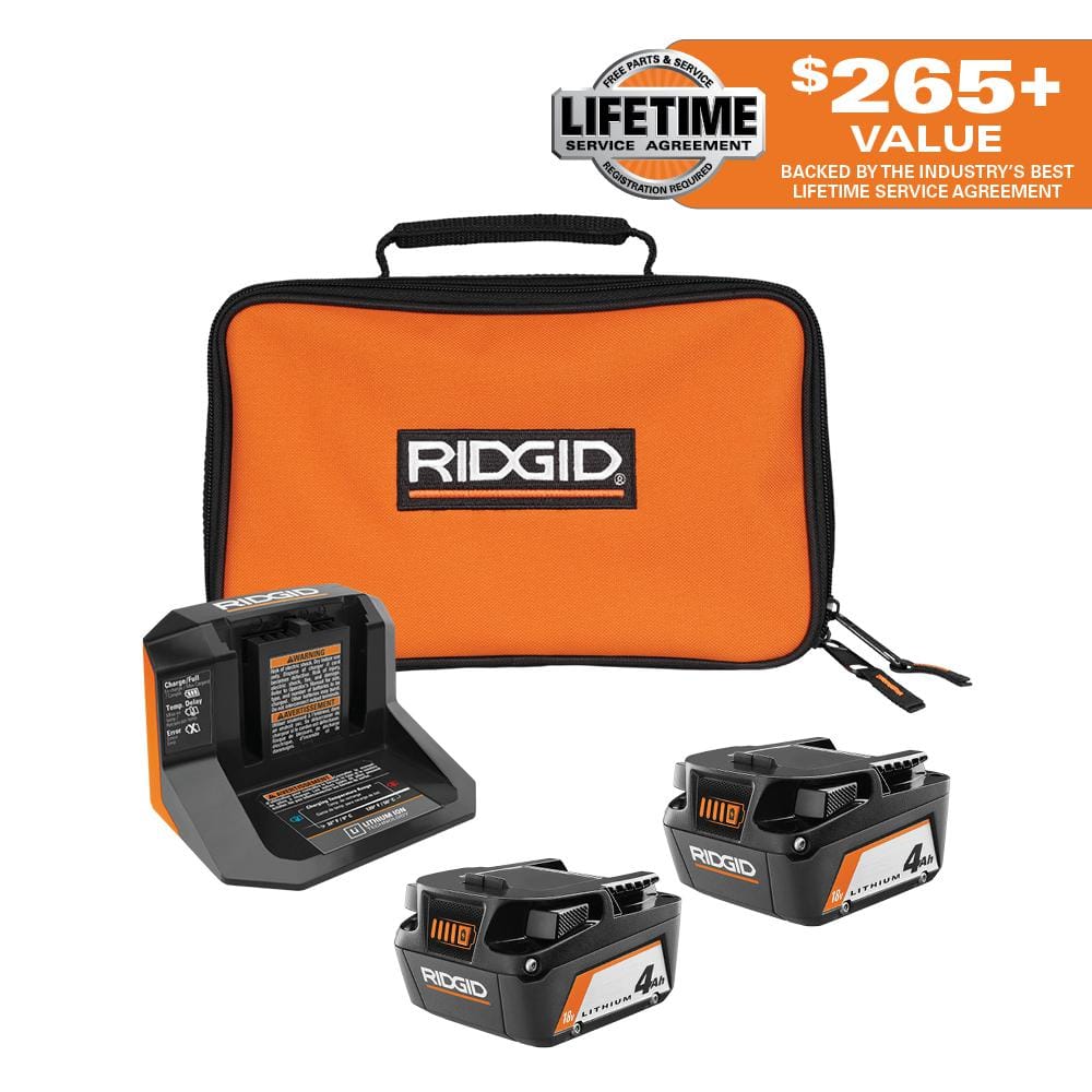 18V Lithium-Ion (2) 4.0 Ah Battery Starter Kit with Charger and Bag -  RIDGID, AC93044SBN