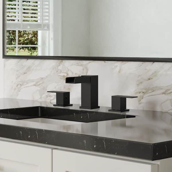 3-Hole Waterfall Open Spout 8 in. Widespread 2-Handle Bathroom Faucet in Matte Black Pop-Up Drain Included