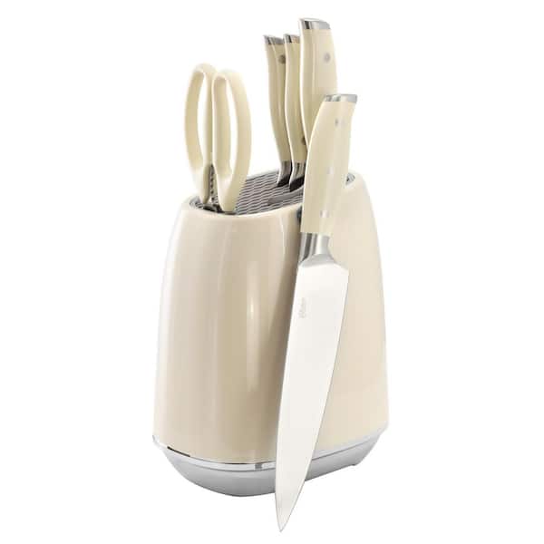6 Piece Steel Cutlery Set and Storage Block in Off-White