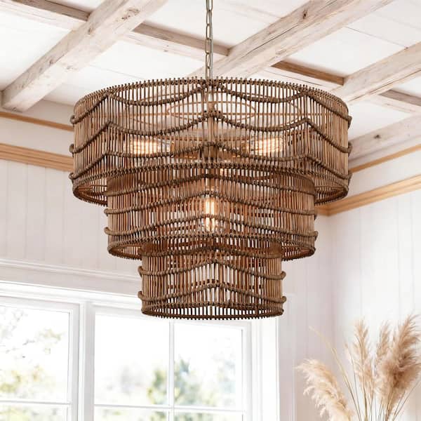 KAWOTI 4-Light 25.75 in. Brown 3-Tiered Rustic Chandelier Light