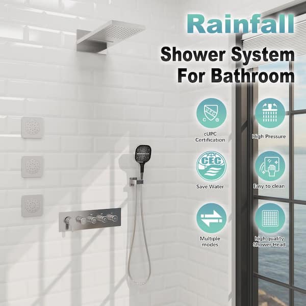 6-Spray Patterns 23 in. Wall Mount Dual Shower Heads with 3-Jet Hand Shower Mixer Shower System Combo in Brushed Nickel