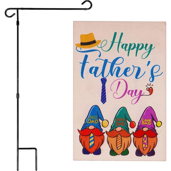 1 ft. x 1.5 ft. Polyester 3 Gnome Fathers 2-Sided Garden Flag Burlap with 36 in. Black Iron Garden Stand