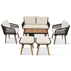 6-Piece Black Acacia Wood Outdoor Patio Sectional Sofa Conversation Set with Beige Cushions and 1 Cool Bar Table