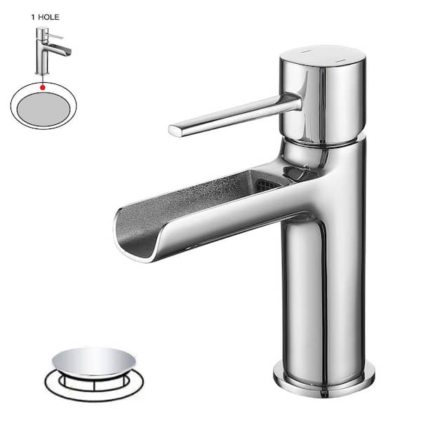 Single Handle Waterfall Single Hole Bathroom Faucet in Polished Chrome with Pop-Up Drain