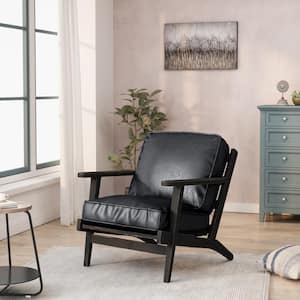 Black Solid Wood Faux Leather Arm Chair (Set of 1)