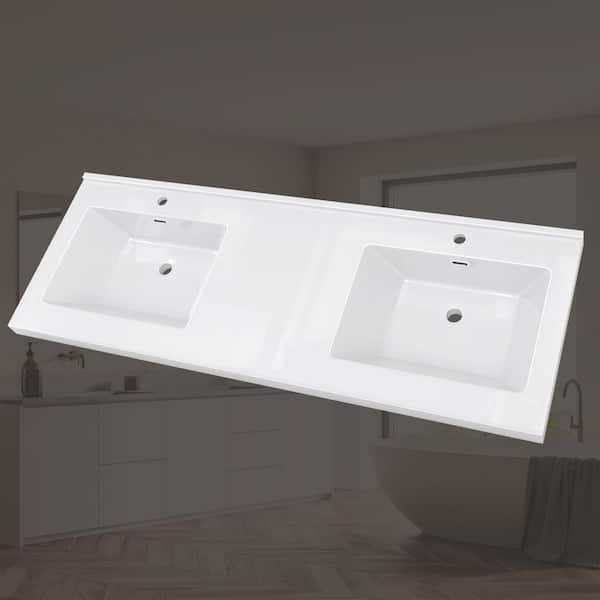 60 in. W x 22 in. D Solid Surface White Rectangular Double Sink Bathroom Vanity Top with Pre-drilled Single Faucet Hole