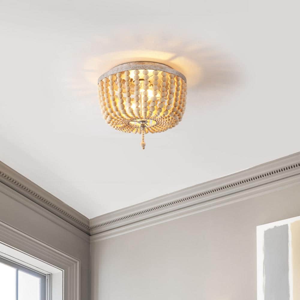 Antique Silver and Cream Wood Beaded Farmhouse Flush Mount Light