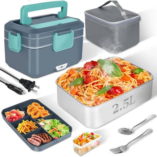 3.5L Gray Electric Lunch Box with Dual-Layer Design, 2.5L Stainless Steel & 1L PP Container, 90W for Car/Truck/Office