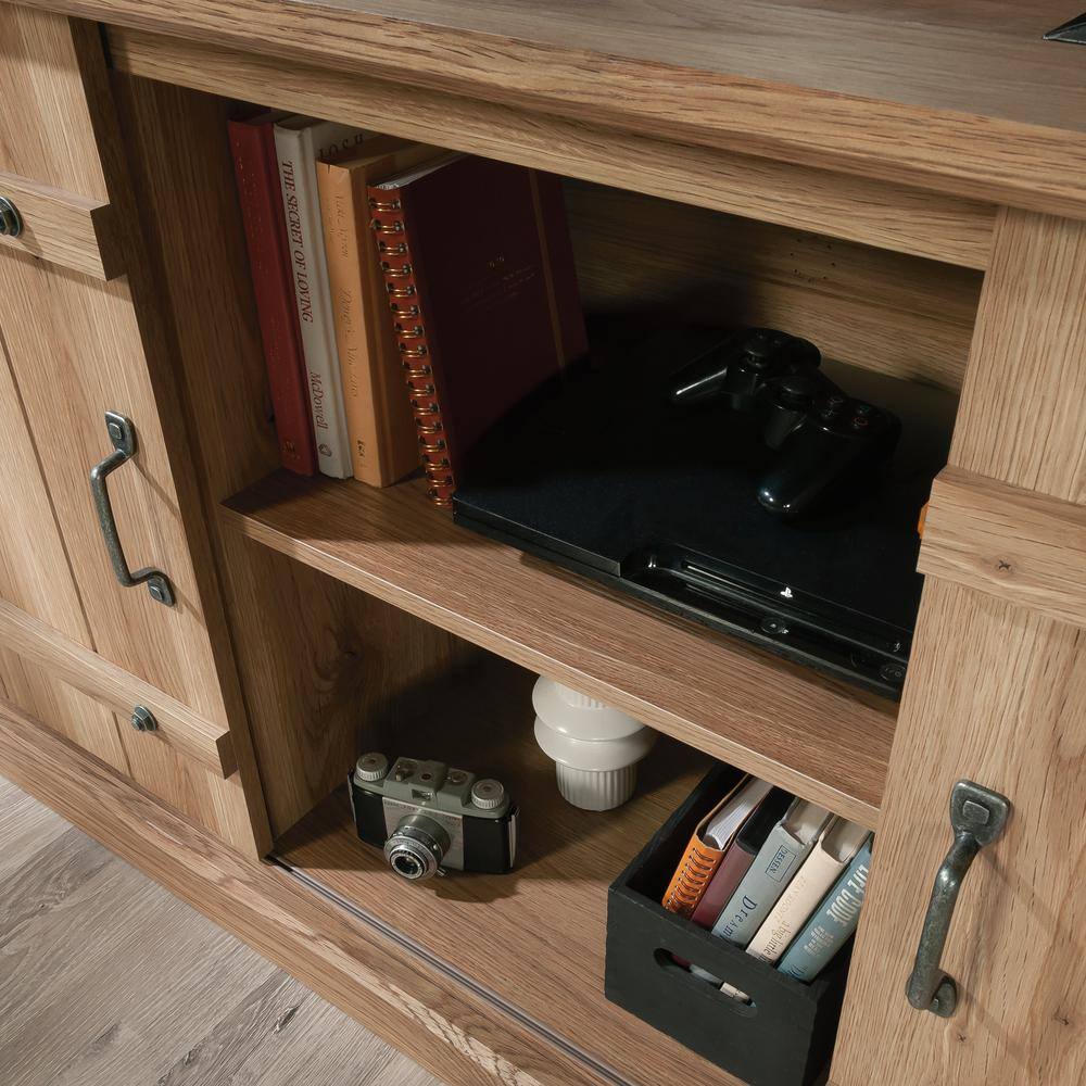 Timber Oak Farmhouse TV Stand with Sliding Barn Doors for 70" TVs