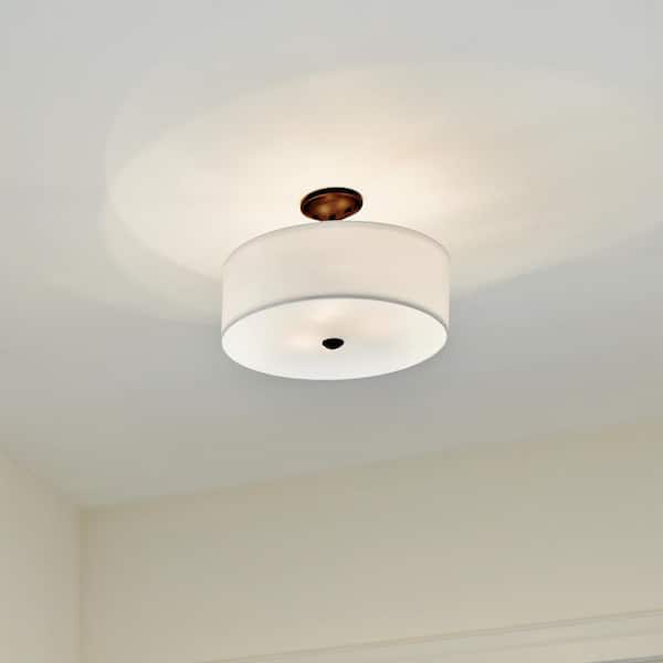 KICHLER Shailene 18 in. 3-Light Olde Bronze Round Hallway Transitional Semi-Flush Mount Ceiling Light with Microfiber Shade