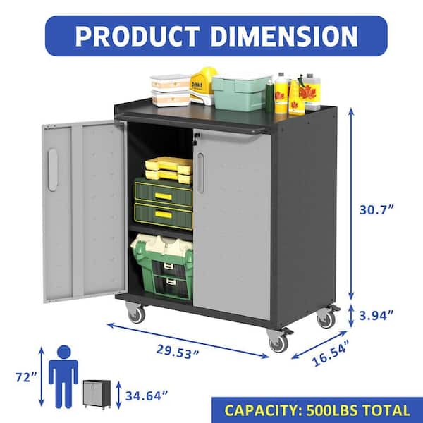 太郎 4053 Black/Gray 35 in. H Steel Tool Storage Cabinet with Wheels