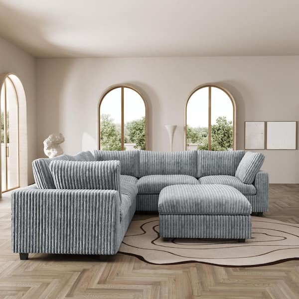 118 in. Rabbit Plush Fabric Square Arm 6-Piece Modular Free Combination Sectional Sofa in. Gray