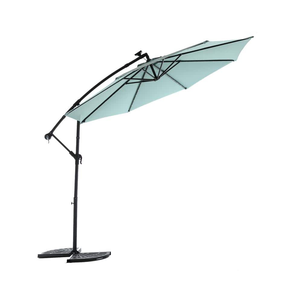 10 ft. Solar LED Offset Hanging Market Patio Umbrella in Light Green