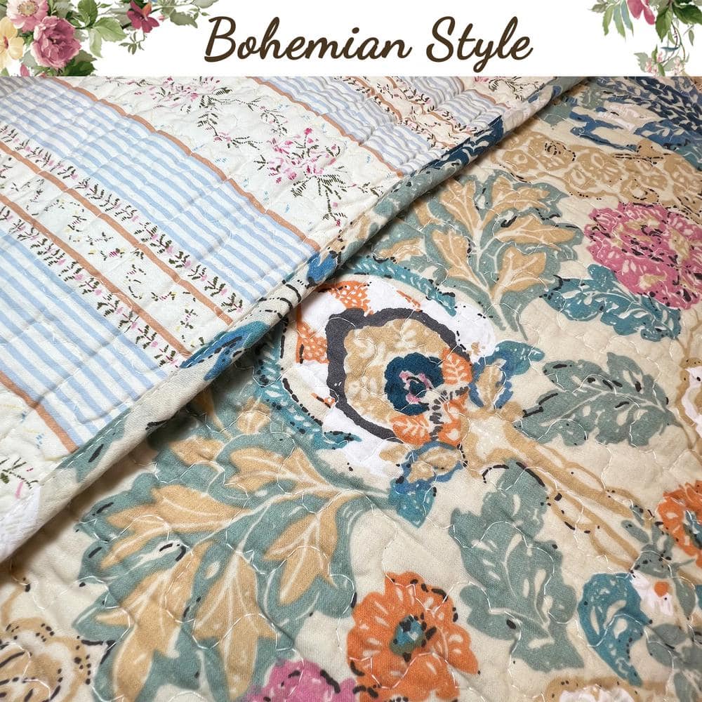 Vintage Floral Blue and Beige Cotton Reversible Queen Quilt Set