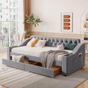 Button-Tufted Gray Wood Twin Size Velvet Upholstered Daybed with Storage Arms, USB Ports and Side Storage Pockets