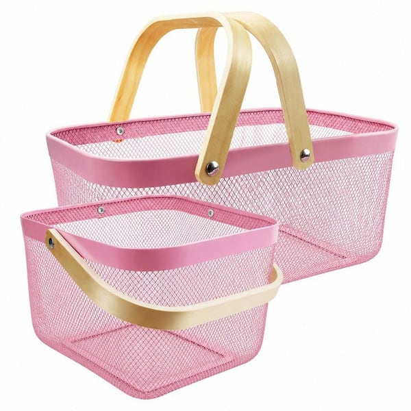 2-Pack Metal Mesh Harvest Basket with Foldable Wooden Handle for Vegetable, Fruit, Picnic, Gathering, Storage, Pink