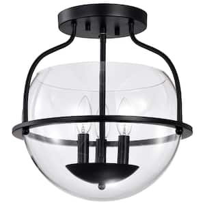 Amado 14 in. 3-Light Matte Black Traditional Semi-Flush Mount with Clear Glass Shade and No Bulbs Included