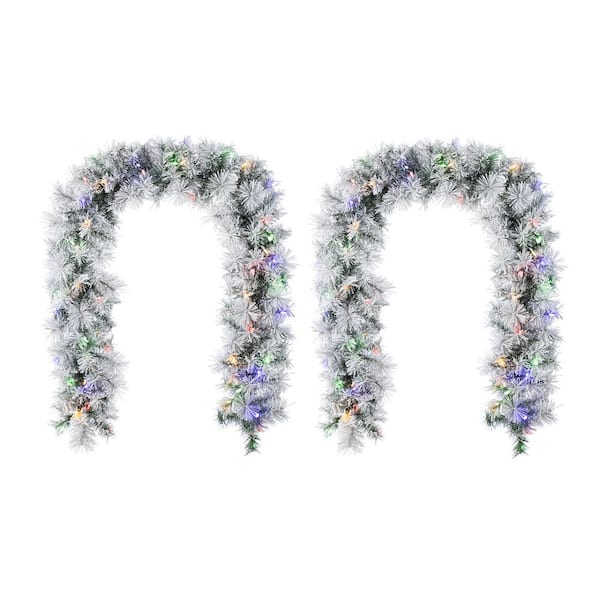 6 ft. Prelit Snow Flocked Greenery Pine Christmas Garland with 50 Warm White/Multi-color Lights and Timer (Set of 2)