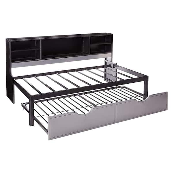 Homeroots Amelia Gray Metal Twin, White Twin Bed Frame With Bookcase Headboard