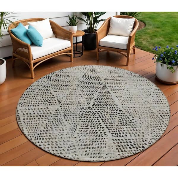 Gray, Beige, Black 8 ft.  RoundWoven Geometric Polyester Round Indoor / Outdoor Area Rug