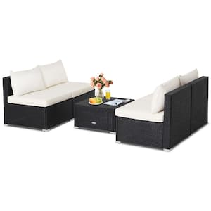 5-Piece Patio Furniture Set Outdoor Rattan Sofa Set with Seat and White Cushions Convenient Square Coffee Table