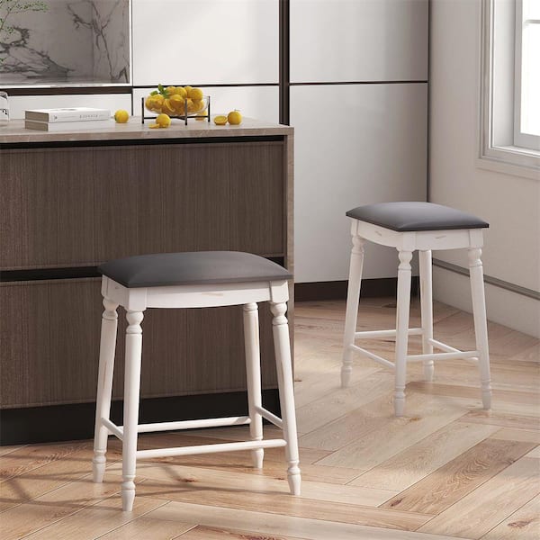 24 in. White and Gray Wood Bar Stool with Faux Leather Seat (Set of 2)