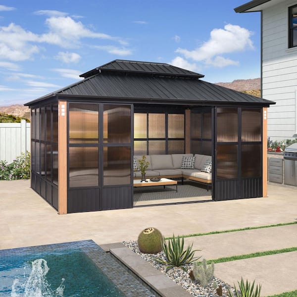 12 ft. X 16 ft. Sunroom Hardtop Gazebo Solarium Galvanized Steel Double Roof Aluminum Screen House Patio Backyard Brown