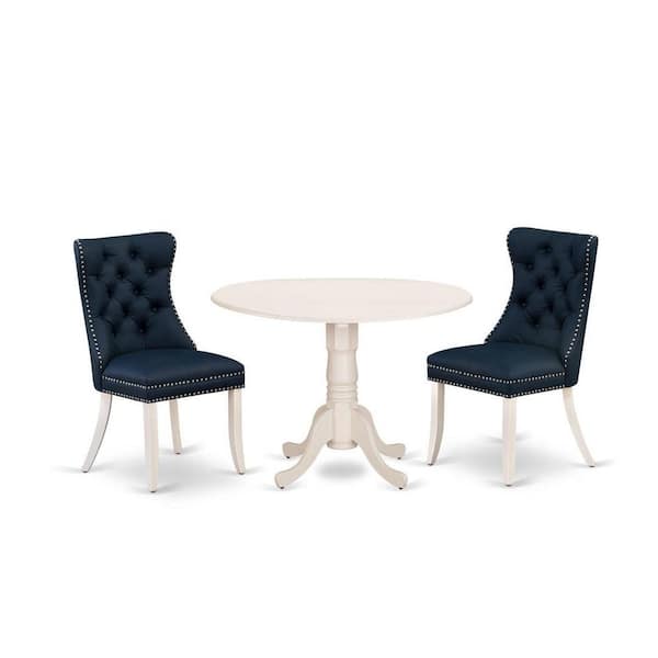 East West Furniture 3-Piece Linen white Solid Wood Top-Round Upholstered Dining Room Set with Dropleaf-Seats 4