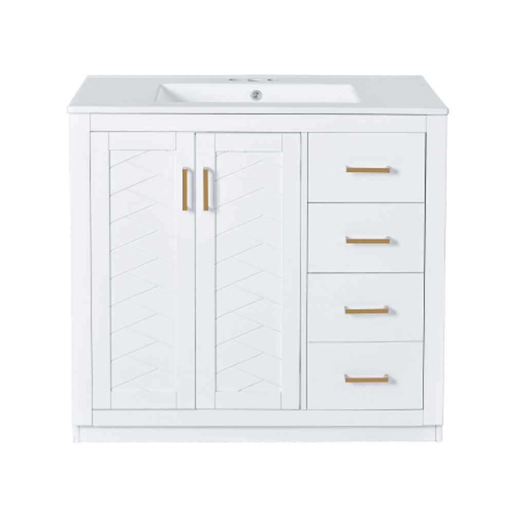 36 in. White Bath Vanity with White Ceramic Sink Top Combo, Freestanding Va