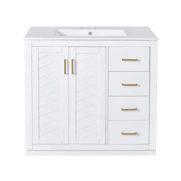 Adrinfly 36 in. White Bath Vanity with White Ceramic Sink Top Combo, Freestanding Vanity Set with 3 Drawers & Soft Closing Doors