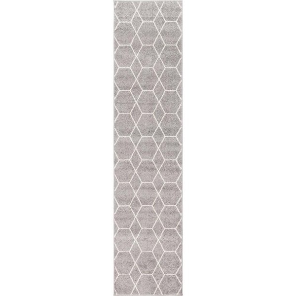 StyleWell Trellis Frieze Light Gray/Ivory Gray 2 ft. x 8 ft. Geometric Runner Rug