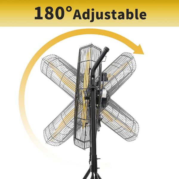 HICFM 24 in. Yellow 7900 CFM Roll-About Tilt Pedestal Fan, Ball Bearing, 2/5 HP Motor, 180° Tilt, Wheels - UL Listed