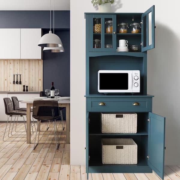 VEIKOUS Teal Blue Wood 30 in. W Kitchen Pantry Cabinet Storage with Buffet Cupboard, Microwave Stand and Adjustable Shelves