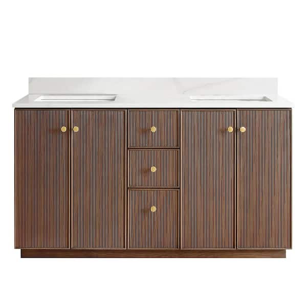 ROSWELL Oza 60 in.W x 22 in.D x 33.9 in.H Double Sink Bath Vanity in Dark Brown with White Quartz Stone Top