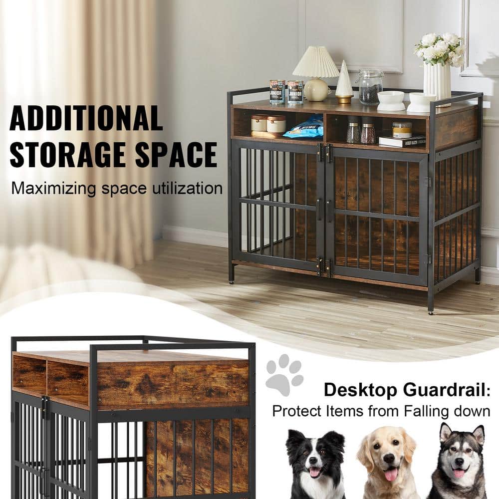 Large Rustic Brown Wooden Dog Crate with Storage
