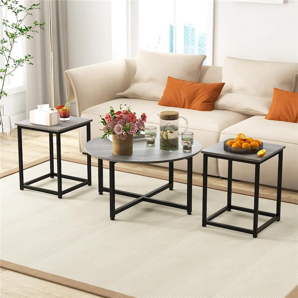 31.5 in. Grey Round Wood Coffee Table with 2PCS Square End Tables Metal Frame