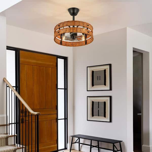 Julian 4-Light 19.3 in. Farmhouse Brown and Black Indoor Woven Rattan Drum Ceiling Fan Lighting with Remote Control