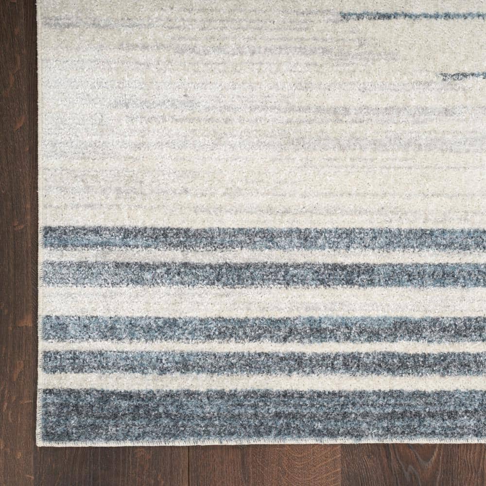 Blue and White Striped Synthetic 5' x 7' Washable Rug