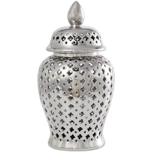 Silver Ceramic Decorative Jars with Geometric Cutout Design and Lid