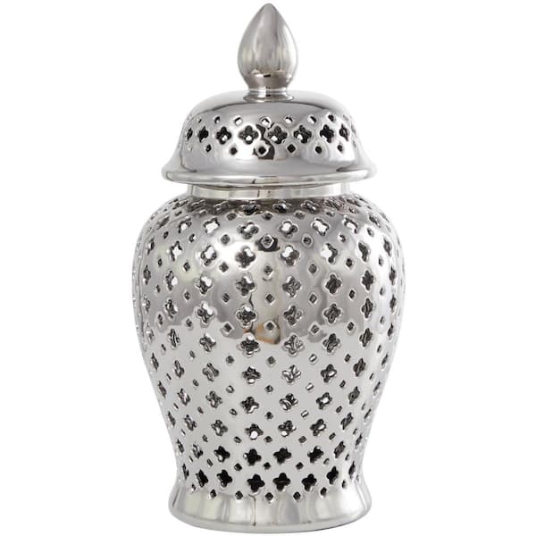 Litton Lane Silver Ceramic Decorative Jars with Geometric Cutout Design and Lid