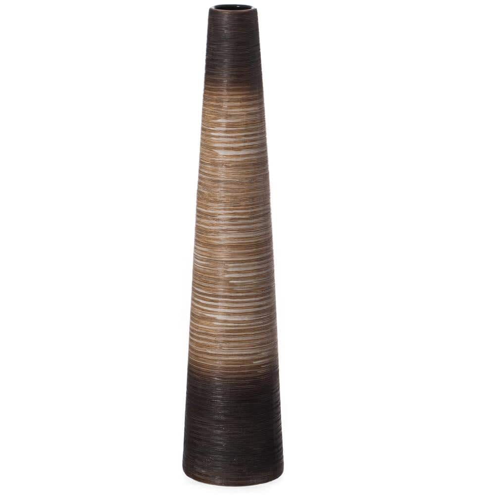 31-Inch Tall Handcrafted Brown Ceramic Cylinder Floor Vase
