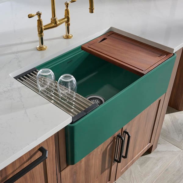Fiore 33 in. Apron-Front Farmhouse Single Bowl Fireclay Workstation Kitchen Sink in Emerald Green