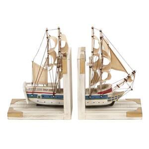 White Wood Coastal Boat Bookends 9 in. x 6 in. (Set of 2)