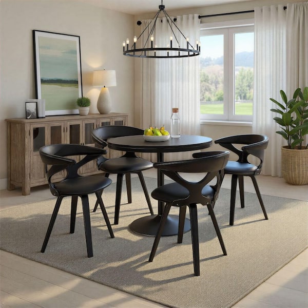 Gardenia Black Faux Leather and Black Wood Side Chair with Swivel