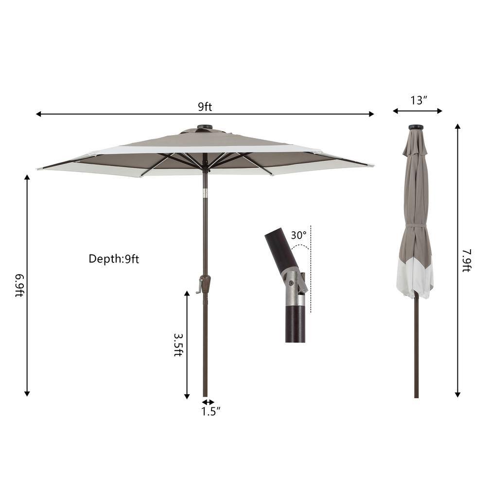 Spencer 9 ft. Gray and White Aluminum Solar LED Market Patio Umbrella