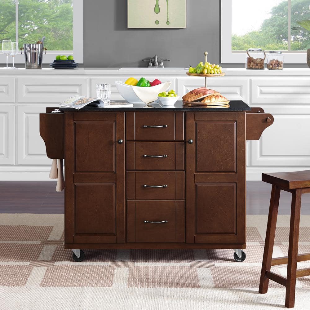 Eleanor Mahogany Kitchen Cart with Black Granite Top and Spice Rack