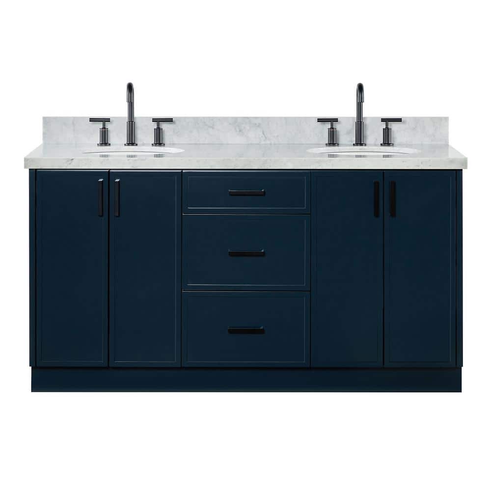 Midnight Blue Double Sink Freestanding Vanity with Carrara Marble Top