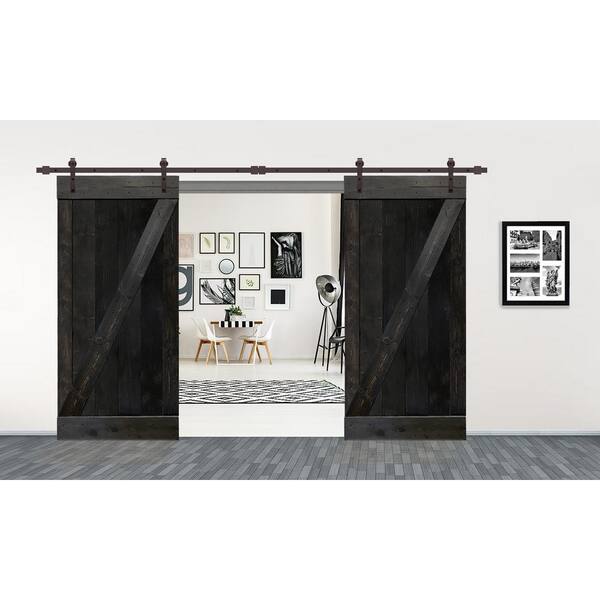 Calhome Z Bar 48 In X 84 In Pre Assembled Charcoal Black Stained Wood Interior Double Sliding Barn Door With Hardware Kit Swd11 Ab 79 2 Dr Asm B24dt 2 Cnnt Ab The Home Depot