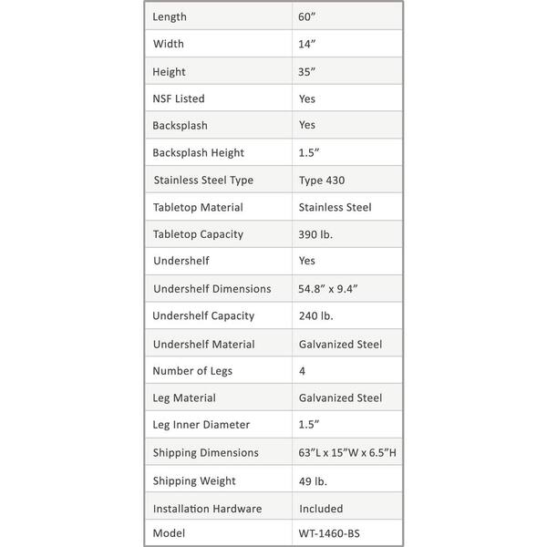AMGOOD 14 in. x 60 in. Stainless Steel Kitchen Utility Table with 1.5